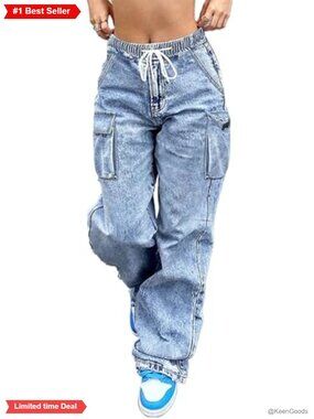 Wide Leg Cargo Jeans Mid Rise Elastic Drawstring Pants